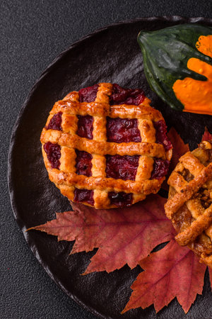 Cherry or strawberry sweet American Christmas pie or tart. American cherry pie as a backdrop for your designの写真素材