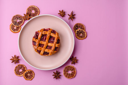 Cherry or strawberry sweet American Christmas pie or tart. American cherry pie as a food backdrop...