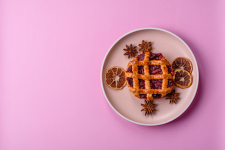 Cherry or strawberry sweet Christmas pie or tart. Cherry pie as a food backdrop for your designの写真素材