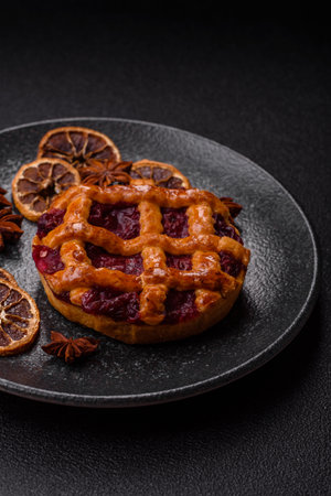 Cherry or strawberry sweet American Christmas pie or tart. American cherry pie as a backdrop for your designの写真素材