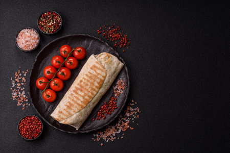 Shawarma with chicken or beef, tortilla roll, and vegetables. Shawarma with meat and vegetables as a food background for your design.の写真素材