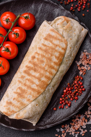 Shawarma with chicken or beef, tortilla roll, and vegetables. Shawarma with meat and vegetables as a food background for your design.の写真素材