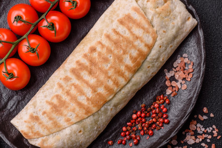 Shawarma with chicken or beef, tortilla roll, and vegetables. Shawarma with meat and vegetables as a food background for your design.の写真素材