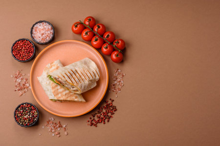 Shawarma with chicken or beef, tortilla roll, and vegetables. Shawarma with meat and vegetables as a food background for your design.の写真素材