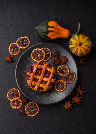 Cherry or strawberry sweet American Christmas pie or tart. American cherry pie as a food backdrop for your designの写真素材