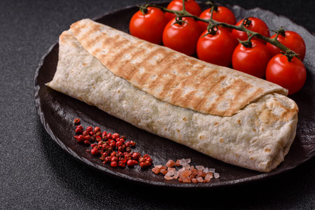 Shawarma with chicken or beef, tortilla roll, and vegetables. Shawarma with meat and vegetables as a...