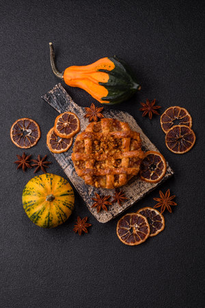 Apple or pumpkin pie or tart is a sweet American autumn treat. American apple pie as a food background for your designの写真素材