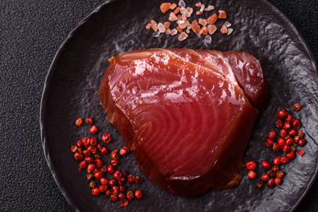 Tuna steak for sashimi or sushi, smoked fish. Tuna steak as a food background for your design