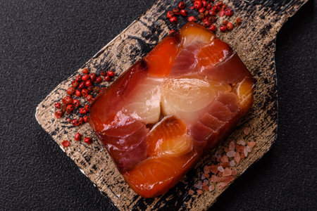 Tuna and salmon roll, smoked fish. Tuna and salmon roll as a food background for your design