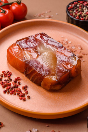 Tuna and salmon roll, smoked fish. Tuna and salmon roll as a food background for your designの写真素材