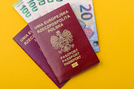 Poland passport for traveling, flying and doing business. Polish document, id for crossing the borderの写真素材
