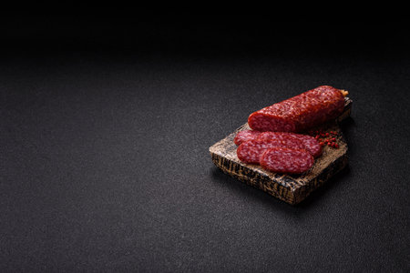 Smoked salami slices, beef or chicken sausage. Salami slices for backgroundの写真素材