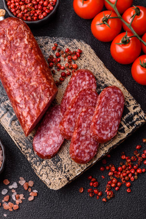 Smoked salami slices, beef or chicken sausage for sandwiches. Salami slices for food backgroundの写真素材
