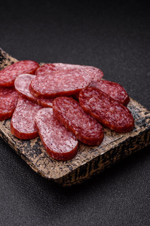 Sliced salami on a wooden board.の写真素材