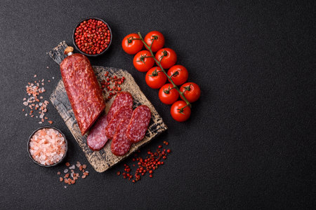 Smoked salami slices, beef or chicken sausage for sandwiches.の写真素材