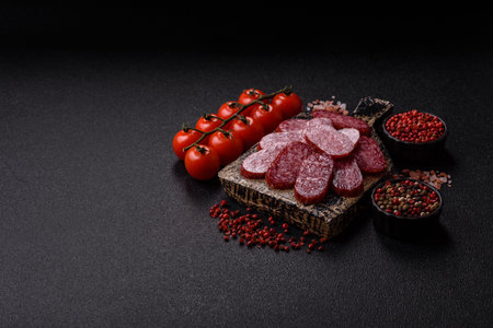 Smoked salami slices, beef or chicken sausage. Salami slices for food backgroundの写真素材