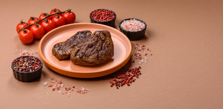 Food, grilled beef steak, roast meat for lunch. Grilled beef steak as a food background for your design.の写真素材