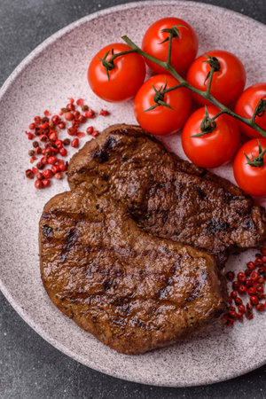 Food, grilled beef steak, roast meat for lunch. Grilled beef steak as a food background for your design.の写真素材