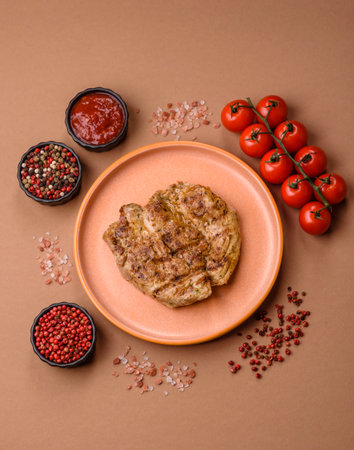 Food, grilled pork steak, roast meat for lunch. Grilled pork steak as a food background for your designの写真素材