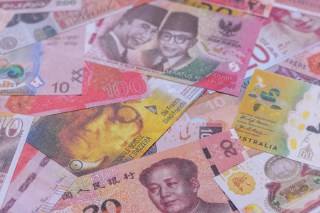 Money background, currency exchange, paper banknotes from different countries. Money cash currency...
