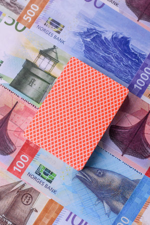 Casino game in the Norway, Norwegian krone money, chips, cards and other attributes. Gambling in...
