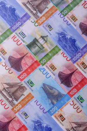 Money, currency of Norway, Norwegian krone banknotes of various denominations. Norway, Norwegian money as a financial background for your design.の写真素材