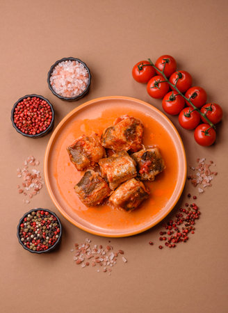 Hake fish cooked in pieces in tomato sauce, stew with peppers and carrots. Hake fish in tomato sauce as a food background for your design.の写真素材