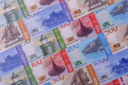 Money, currency of Norway, Norwegian krone banknotes of various denominations. Norway, Norwegian money as a financial background for your design.の写真素材
