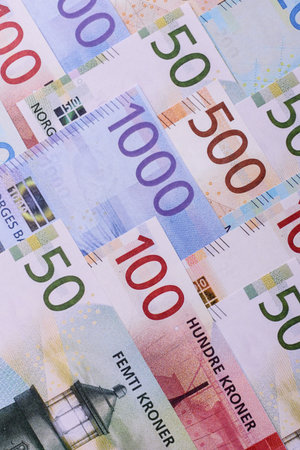 Money, currency of Norway, Norwegian krone banknotes of various denominations. Norway, Norwegian...
