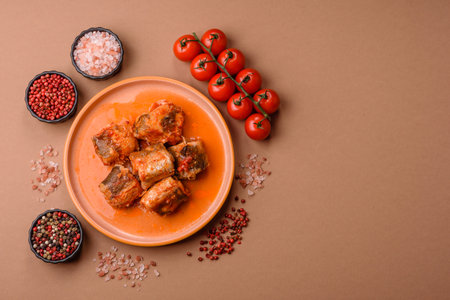 Hake fish cooked in pieces in tomato sauce, stew with peppers and carrots. Hake fish in tomato sauce as a food background for your design.の写真素材