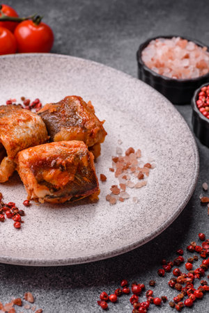 Hake fish cooked in pieces in tomato sauce, stew with peppers and carrots. Hake fish in tomato sauce as a food background for your design.の写真素材