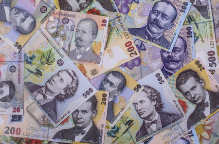 Money, currency of Romania, Romanian leu banknotes of various denominations. Romania, Romanian money as a financial background for your design.の写真素材