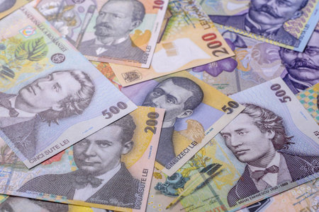 Money, currency of Romania, Romanian leu banknotes of various denominations. Romania, Romanian money as a financial background for your design.の写真素材