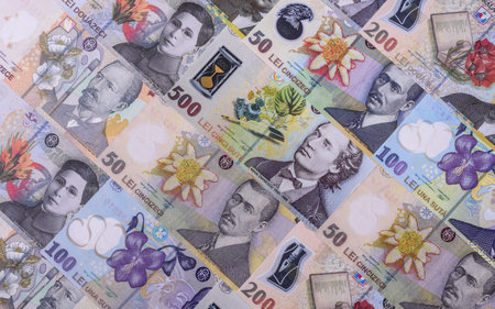 Money, currency of Romania, Romanian leu banknotes of various denominations. Romania, Romanian money...