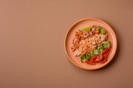 A food bowl with salmon, rice, avocado, tomatoes, and cucumbers. A salmon bowl as a food background for your designの写真素材