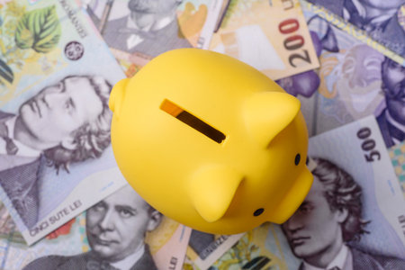 Money, currency of Romania, Romanian leu banknotes of various denominations. Romania, Romanian money as a financial background for your design.の写真素材