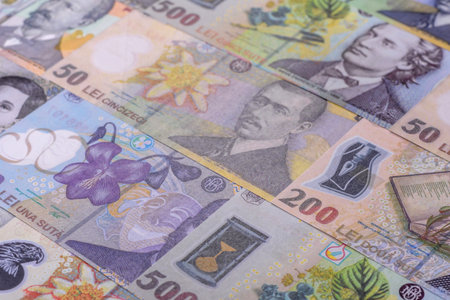 Money, currency of Romania, Romanian leu banknotes of various denominations. Romania, Romanian money as a financial background for your design.の写真素材
