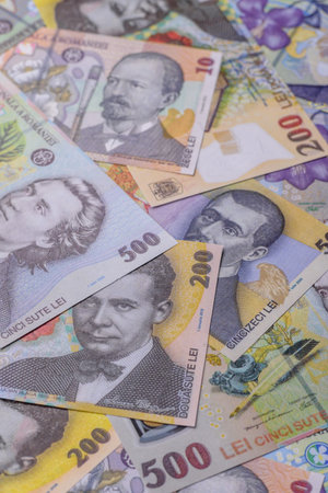 Money, currency of Romania, Romanian leu banknotes of various denominations. Romania, Romanian money...