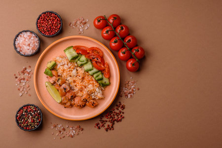 A food bowl with salmon, rice, avocado, tomatoes, and cucumbers. A salmon bowl as a food background for your designの写真素材