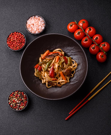 Asian food, noodles with vegetables, vegetarian dish with spicy sauce. Noodles with vegetables as a food background for your designの写真素材