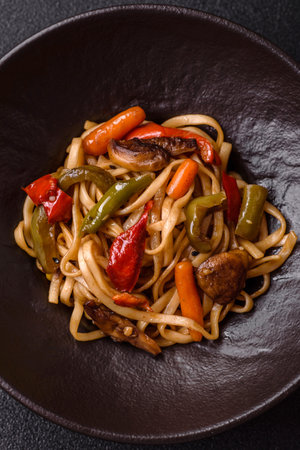 Asian food, noodles with vegetables, vegetarian dish with spicy sauce. Noodles with vegetables as a food background for your designの写真素材