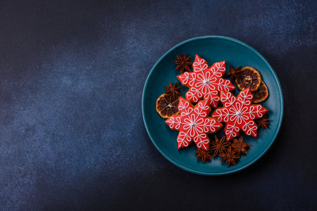 Gingerbread, Christmas cookies, or sweets for a festive family table. Christmas gingerbread as a festive background for your designの写真素材