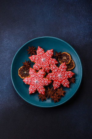 Gingerbread, Christmas cookies, or sweets for a festive family table. Christmas gingerbread as a festive background for your designの写真素材