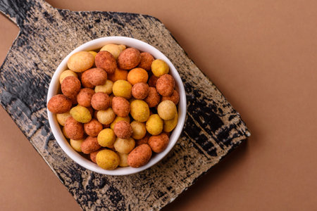 Food, nuts coated with salt and paprika, peanuts as a source of protein. Salted peanuts coated with...