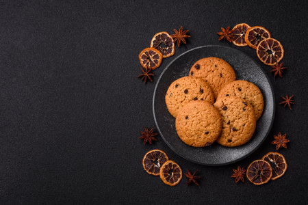 Food, oatmeal chocolate raisin cookies, dessert or breakfast pastry. Oatmeal chocolate cookies as a food background for your designの写真素材