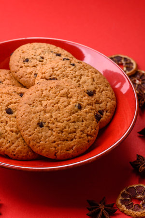 Food, oatmeal chocolate raisin cookies, dessert or breakfast pastry. Oatmeal chocolate cookies as a...