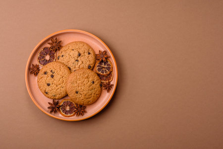 Food, oatmeal chocolate raisin cookies, dessert or breakfast pastry. Oatmeal chocolate cookies as a...