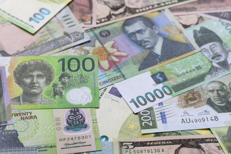 Money background, currency exchange, paper banknotes from different countries. Money cash currency...