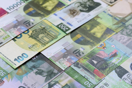 Money background, currency exchange, paper banknotes from different countries. Money cash currency...