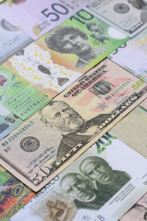 Money background, currency exchange, paper banknotes from different countries. Money cash currency...